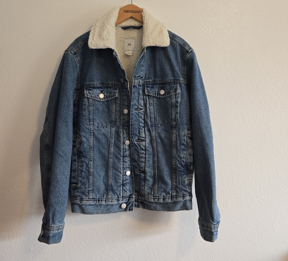 H&M Blue Denim Jacket with Sherpa Collar